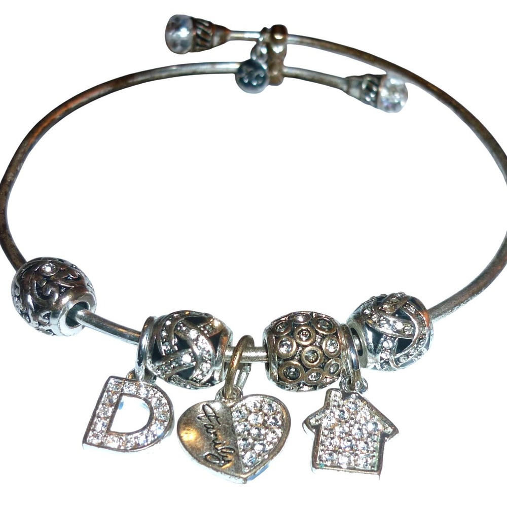 Silver‎ Tone Expandable Charm Bangle Bracelet Letter D Heart House Rhinestone
